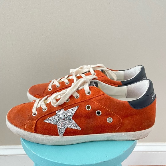 Golden Goose Deluxe Brand Superstar Sneakers Orange Suede Silver Glitter Star 39 - Picture 2 of 9